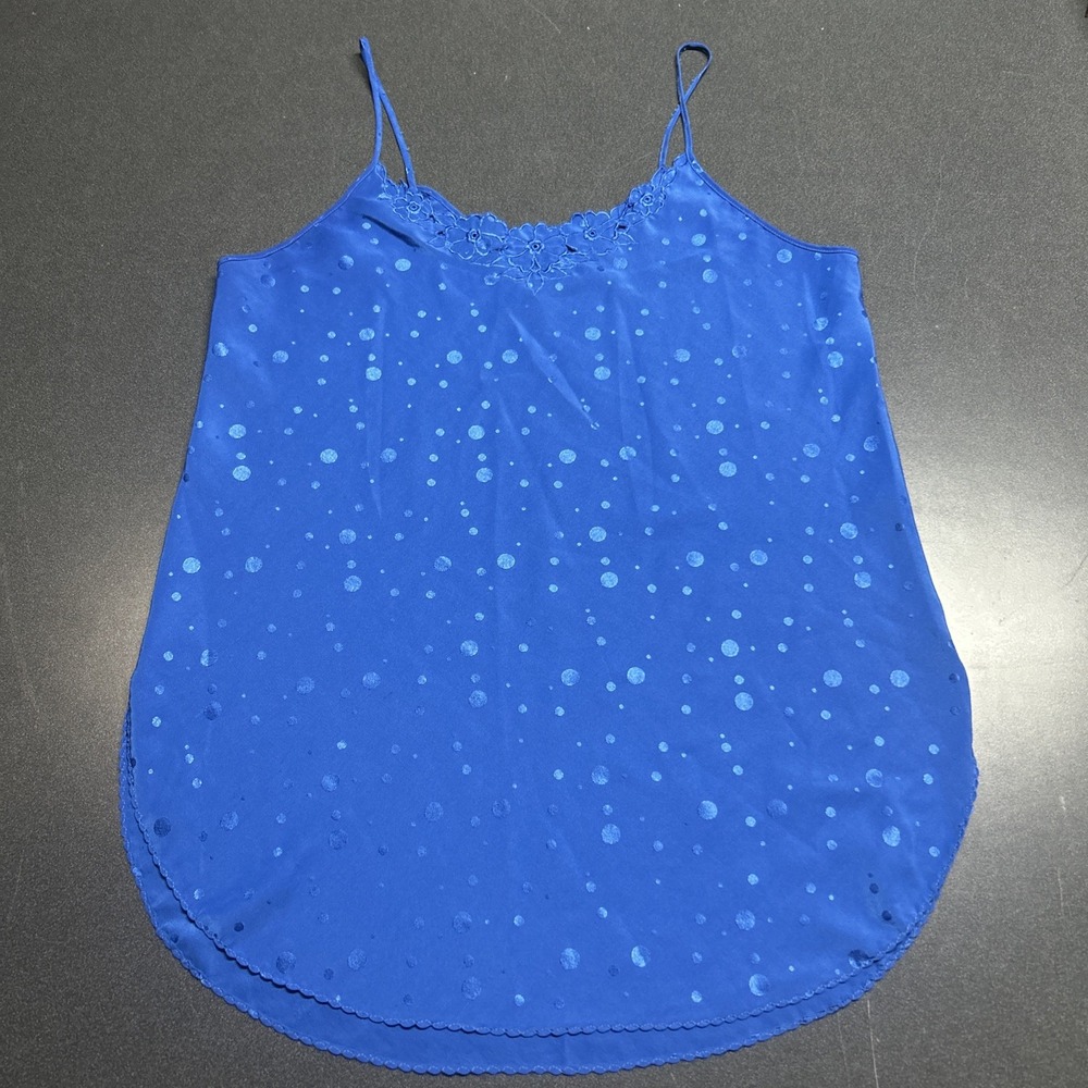 Vintage Blue Polka Dot Cami Top Size L Spaghetti Strap Side Slit Embroidered
